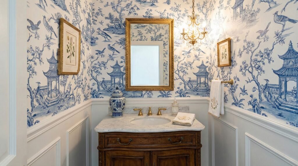 Grandmillennial style powder room featuring blue and white Chinoiserie wallpaper above white wainscoting, styled with a vintage wooden vanity and gold mirror.