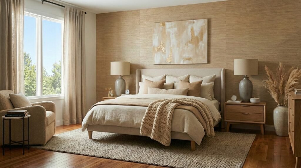 Neutral grasscloth wallpaper behind your bed to create a hotel-like headboard effect.