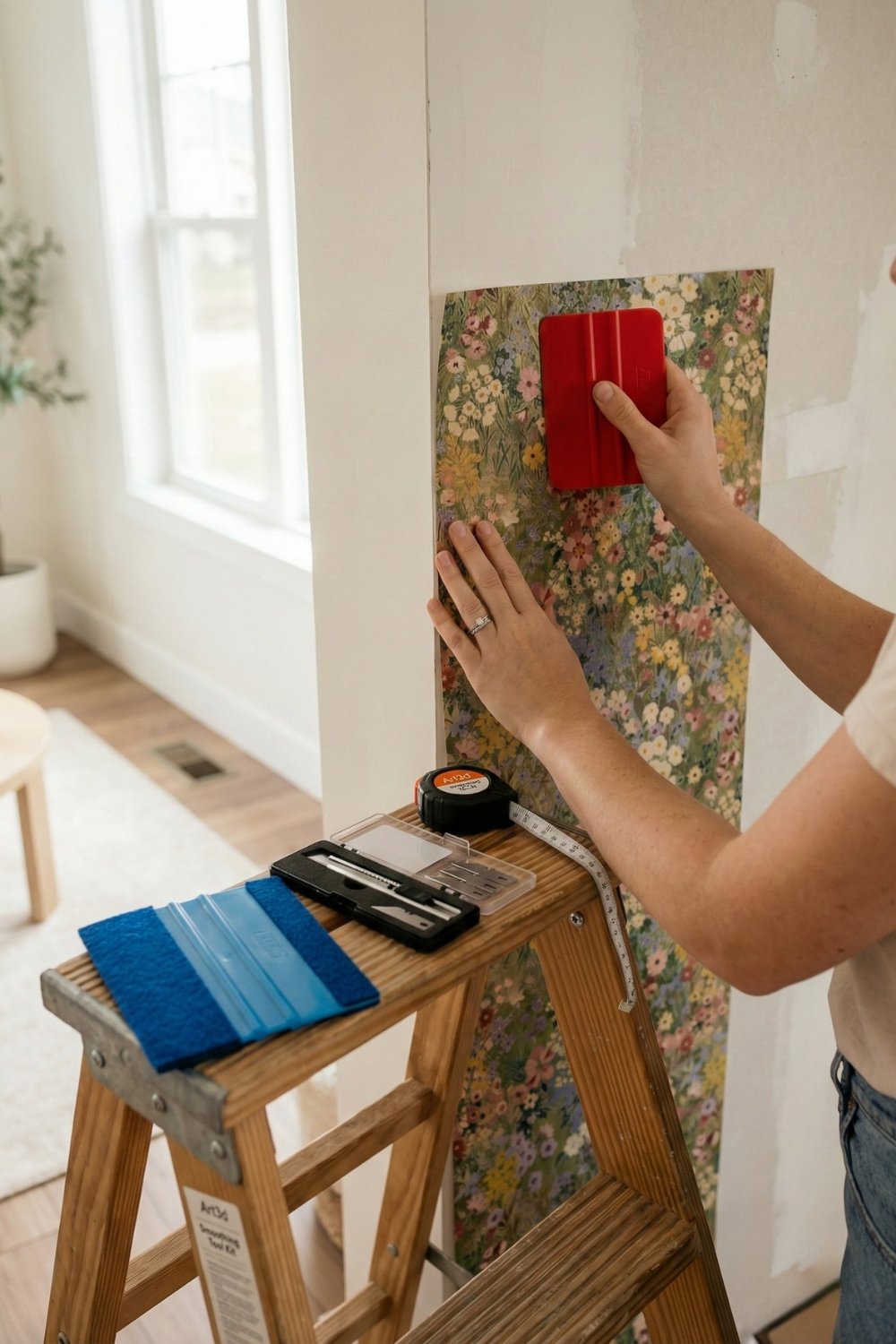 DIY wallpaper installation using a red smoothing tool to remove air bubbles, with a blue felt squeegee and craft knife kit resting on a wooden ladder