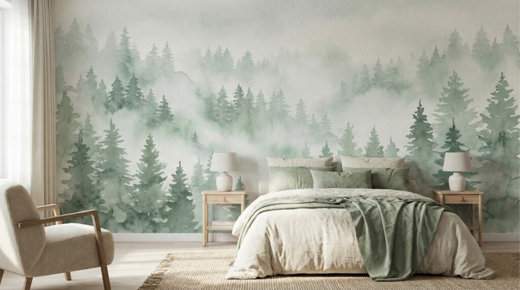 Serene bedroom featuring a misty pine forest watercolor wall mural in soft green tones, styled with neutral bedding.
