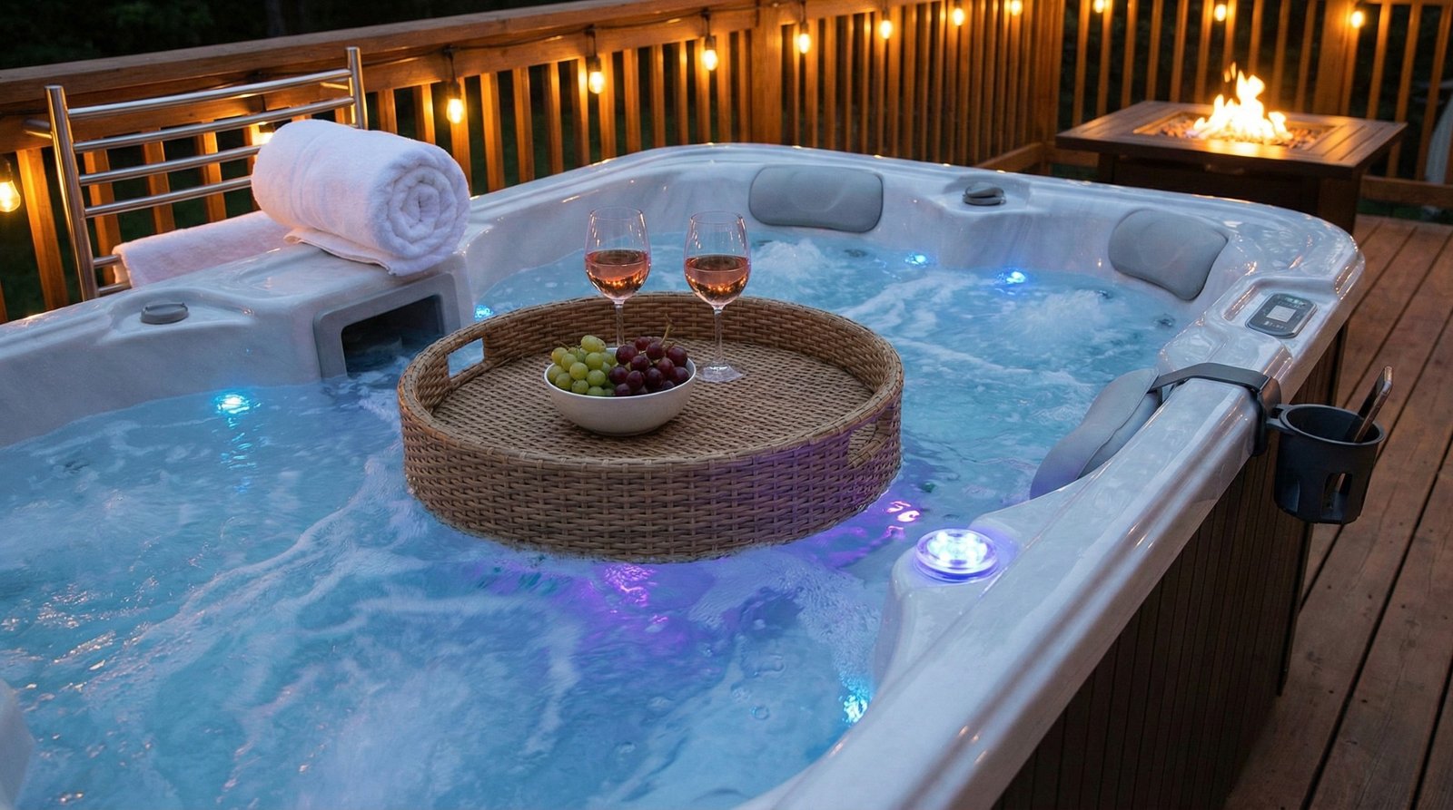 Spa accessories including towel, wine glass, and floating tray