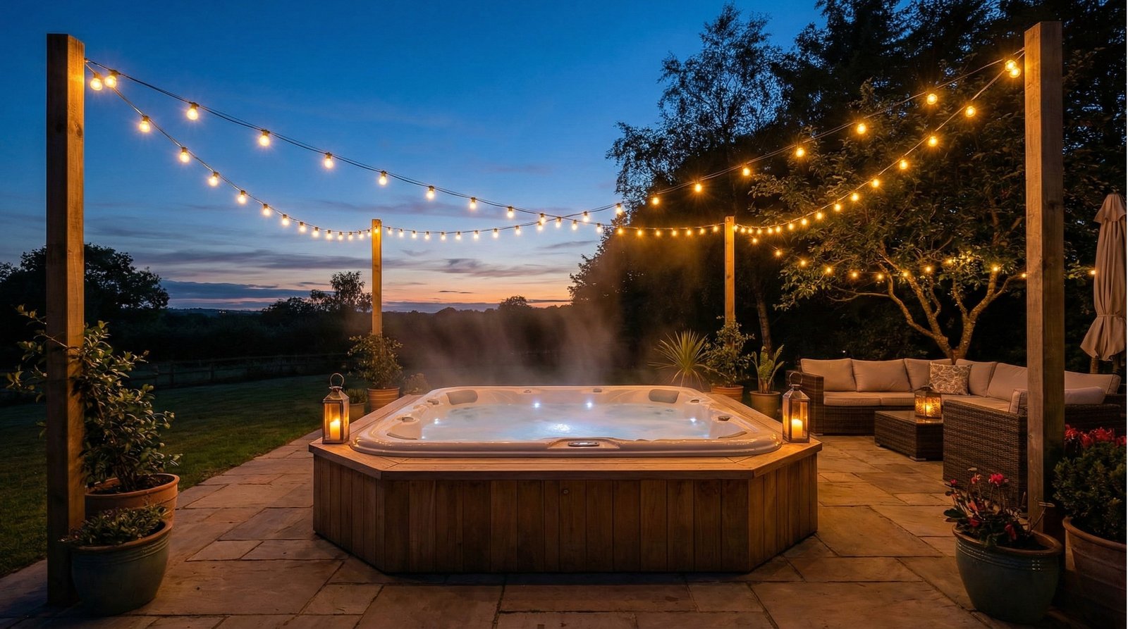 Glowing outdoor jacuzzi at dusk with string lights and cozy patio decor