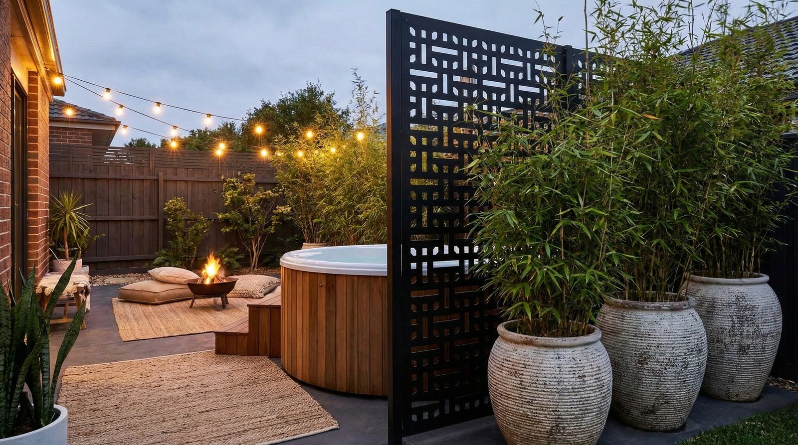Modern privacy screen for outdoor hot tub area