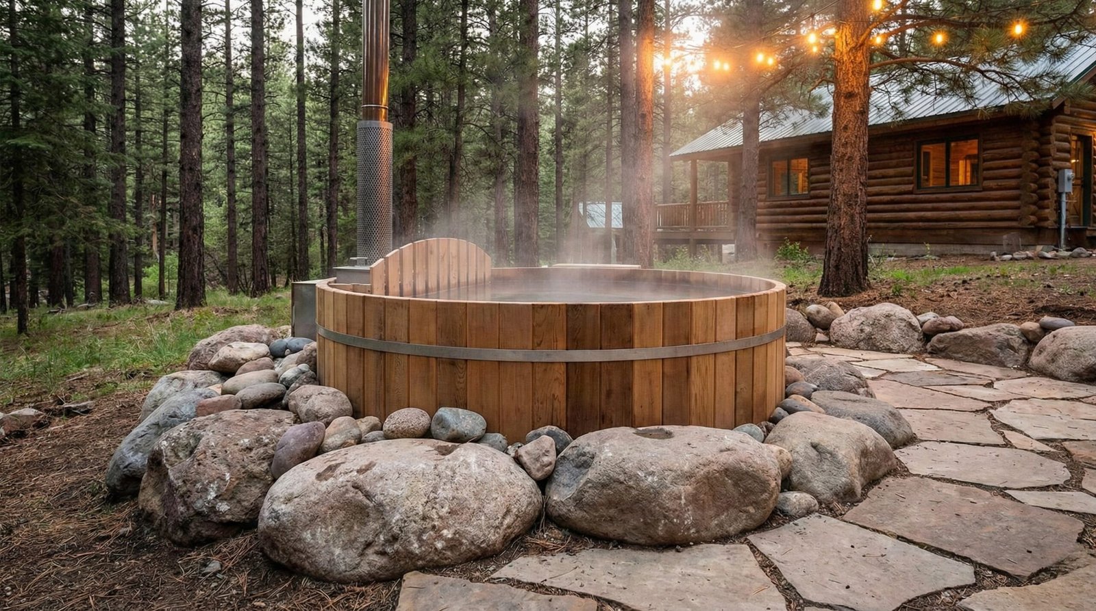 Rustic wooden hot tub with stone surroundings