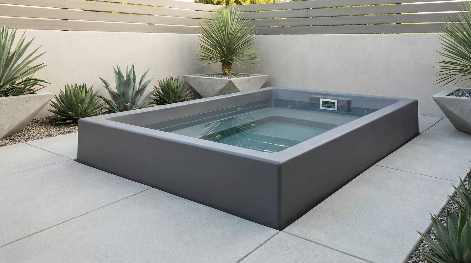 Sleek grey hot tub with modern pavers