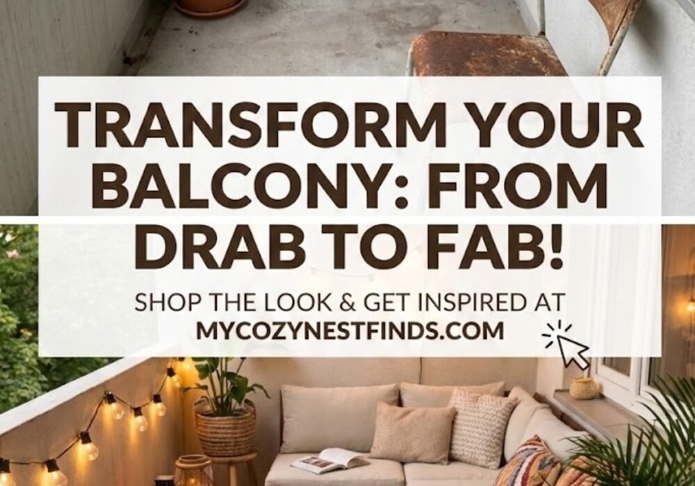 A split-screen before and after image showing a dramatic small balcony makeover. The top half shows a drab, gray concrete balcony with a rusty chair and a dead plant, labeled "Sad Balcony." The bottom half reveals a cozy oasis transformation featuring a beige L-shaped outdoor sectional, warm hanging string lights, a colorful boho rug, lush green potted plants, and a wooden coffee table. Text overlay reads: "Transform Your Balcony: From Drab to Fab! Shop the look at MyCozyNestFinds.com."