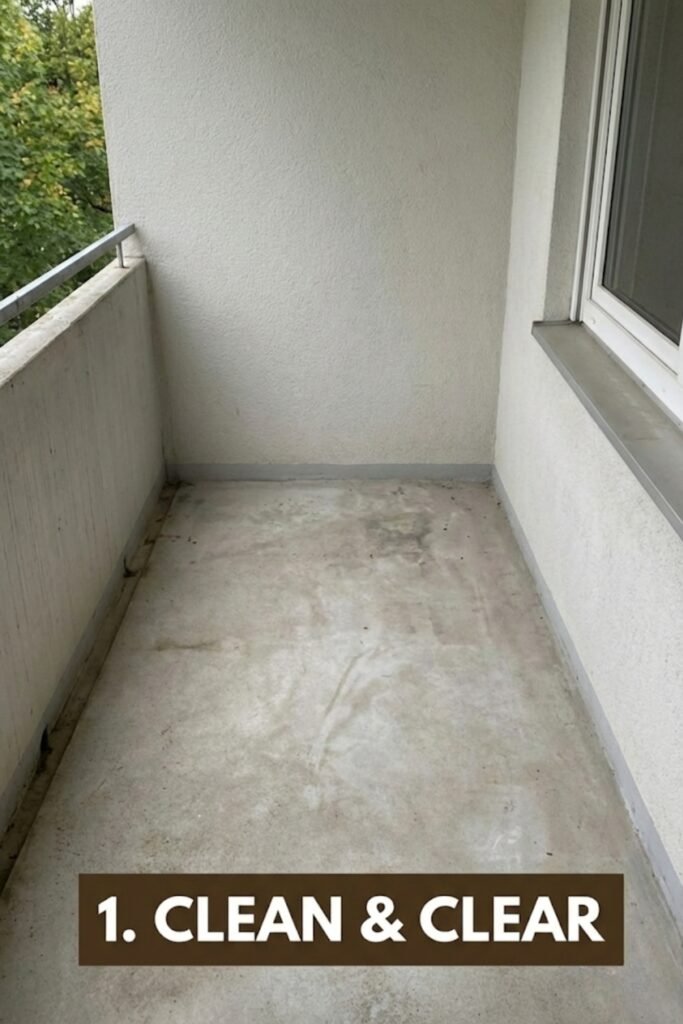 Empty small balcony with concrete flooring and white walls ready for a makeover. Step 1 Clean & Clear guide for preparing an apartment patio transformation.