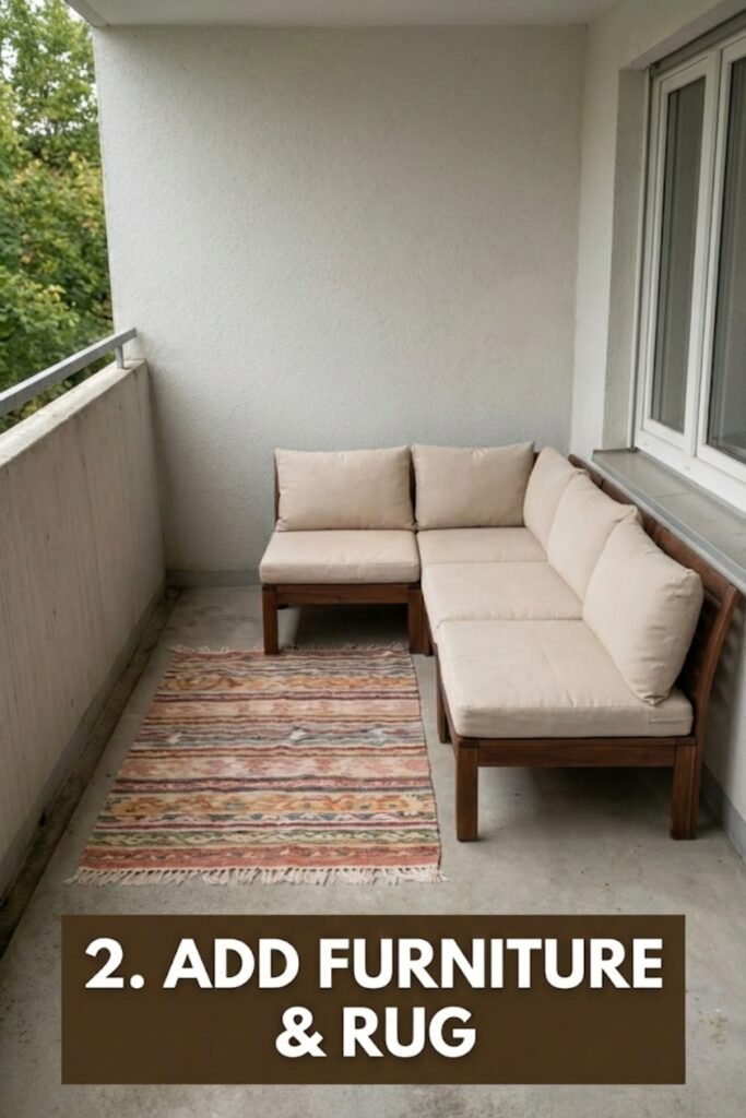 Small balcony furniture layout featuring a wooden corner sectional sofa with beige cushions and a colorful boho outdoor rug. Step 2 Add Furniture & Rug.