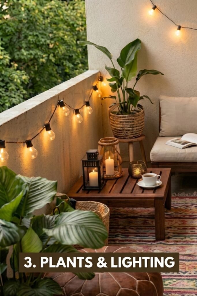 Balcony decor details featuring a wooden coffee table with a candle lantern, warm string lights on the railing, and lush potted plants in woven baskets. Step 3 Plants & Lighting guide.