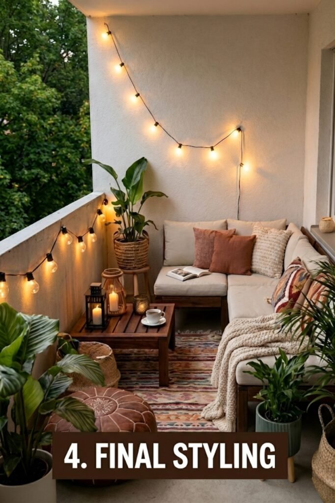 Cozy small balcony makeover final reveal featuring a wooden corner sofa, boho rug, warm string lights, and potted plants. Step 4 Final Styling guide for apartment outdoor spaces.