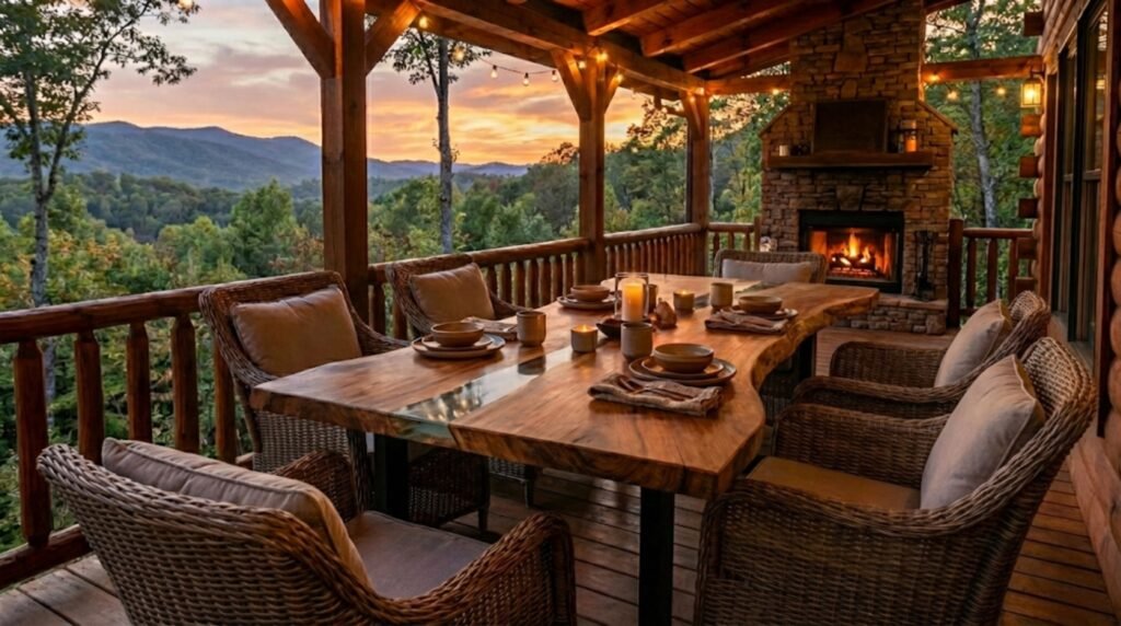 Cozy outdoor dining area on a rustic log cabin porch featuring a large live edge wood table with a glass river inlay, surrounded by woven wicker armchairs near a stone fireplace at sunset.