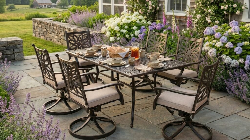 7-piece cast aluminum outdoor dining set with swivel rocker chairs and beige cushions, arranged on a stone patio in a lush English cottage garden with blooming hydrangeas and climbing roses.