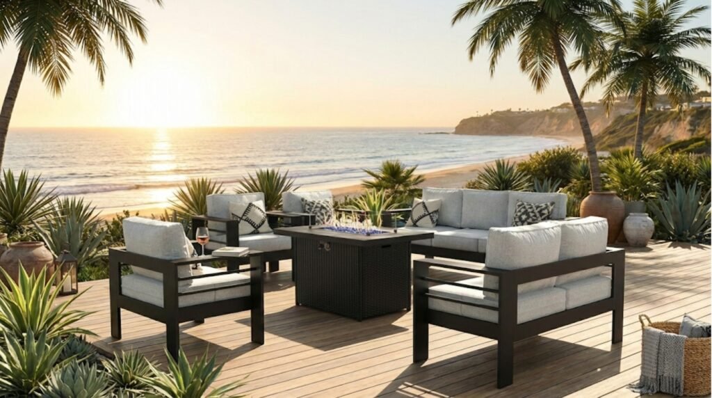 LayinSun 5-piece aluminum patio conversation set with a fire pit table, featuring black frames and grey cushions, arranged on a wooden deck overlooking a tropical beach at sunset.