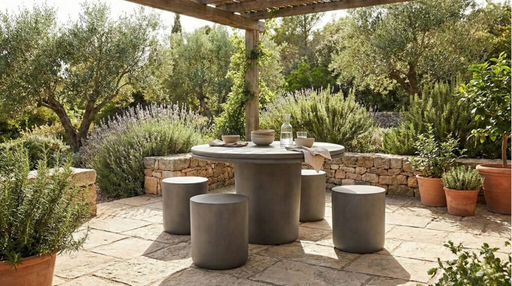 Modern minimalist round concrete outdoor dining table with cylindrical stools on a rustic stone patio.
