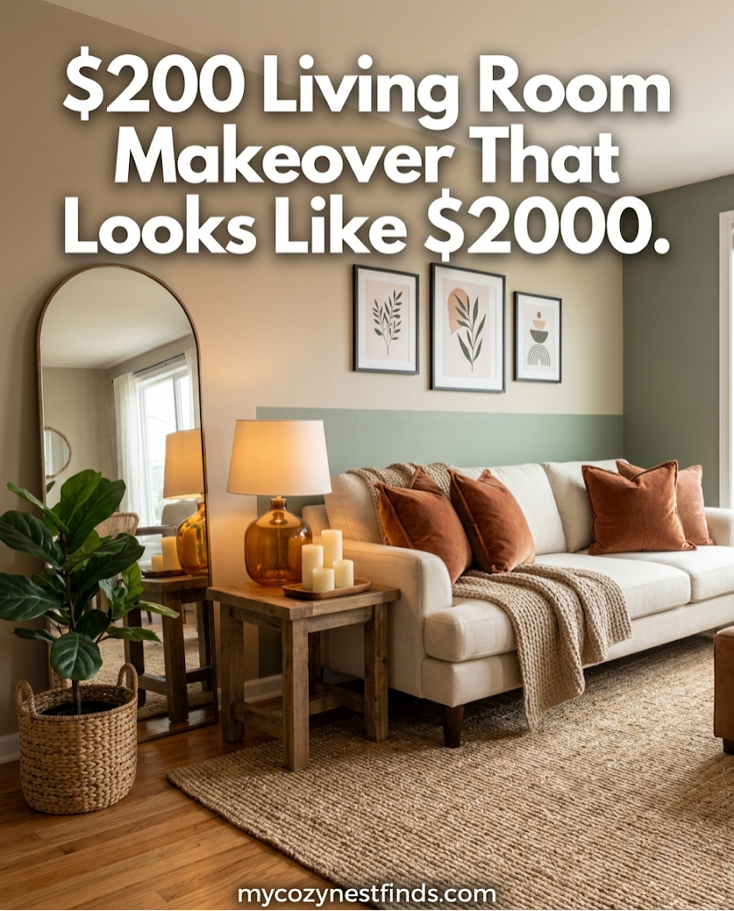 living room makeover on a budget under 200 dollars that looks expensive using thrift store finds and DIY decor