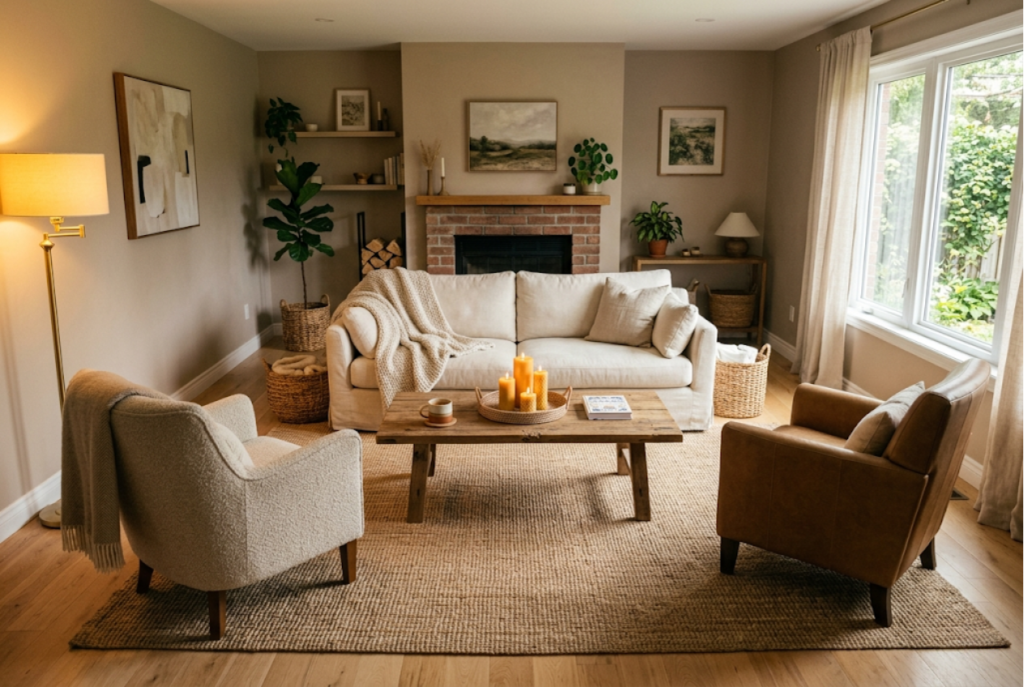 budget living room decorating idea with beautifully styled coffee table vignette using affordable objects