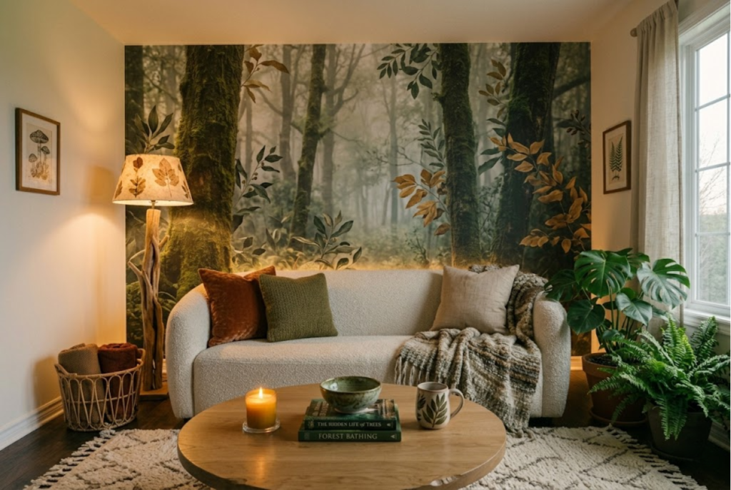 budget living room makeover with affordable peel and stick botanical wallpaper accent wall cozy decor