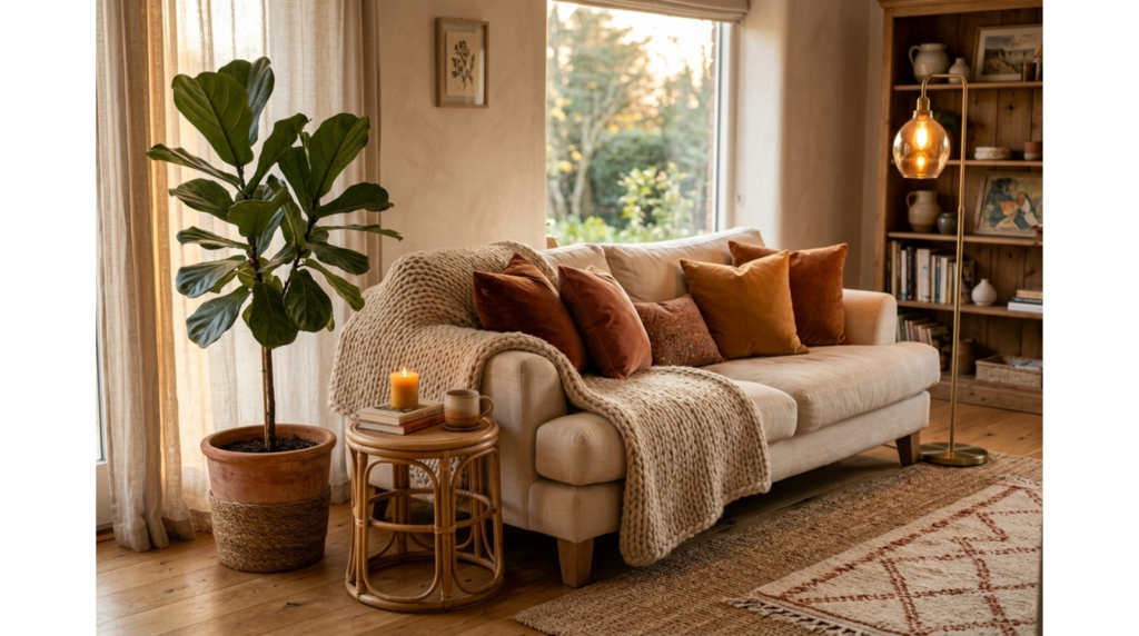 Cozy living room setup featuring a beige sofa draped with a chunky knit blanket, rust-colored velvet pillows, a rattan side table, and a large fiddle leaf fig plant by the window.