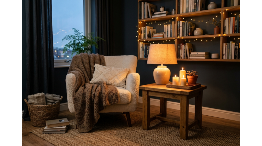 Cozy evening reading nook featuring a white bouclé accent chair with a brown knit throw blanket, a rustic wooden side table with lit pillar candles and a ceramic lamp, set against a dark wall with a glowing bookshelf