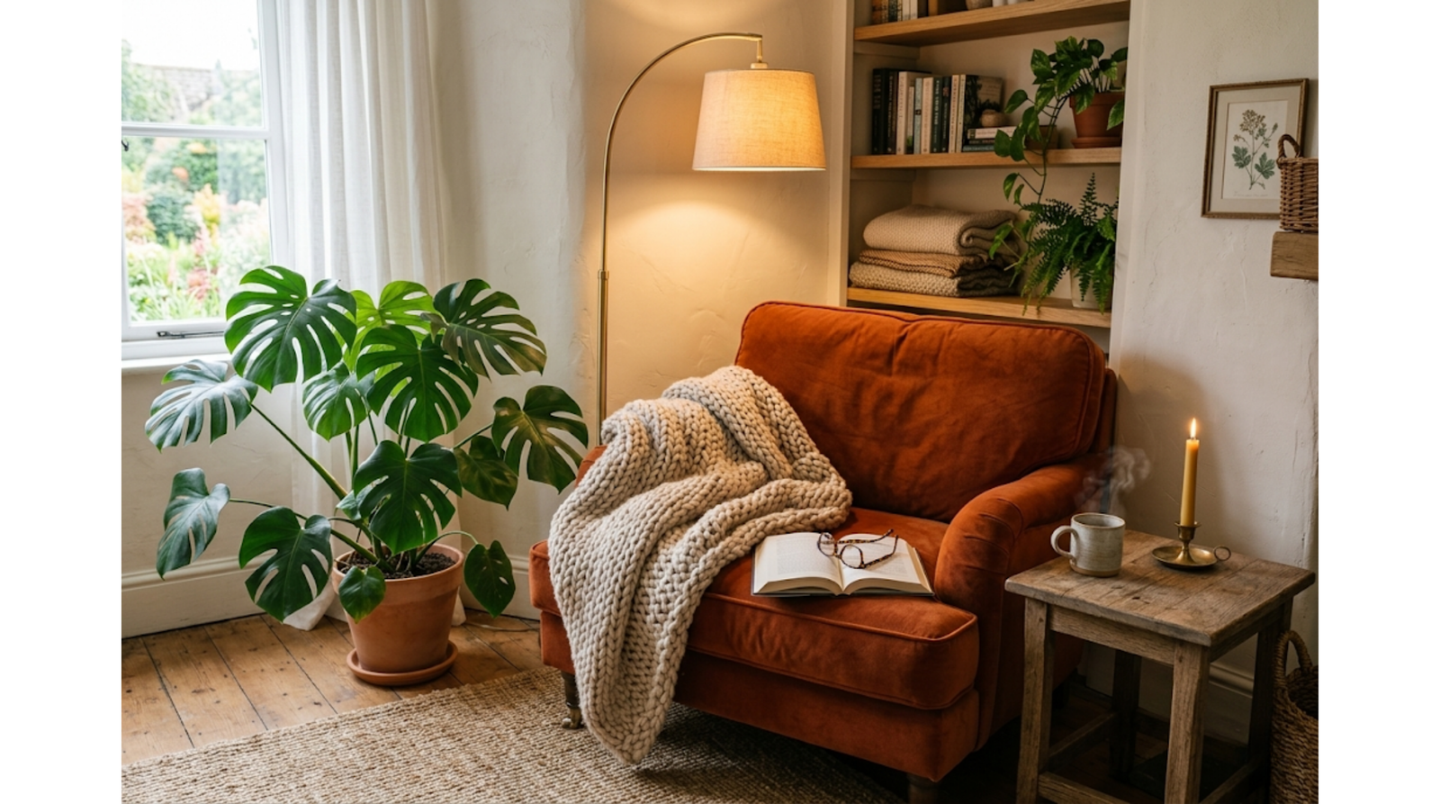 A cozy reading nook featuring a rust-orange velvet armchair. The chair is covered with a chunky knit throw, an open book, and glasses. To the left is a large Monstera plant in a terracotta pot. To the right is a small, rustic wooden side table with a steaming mug and a lit taper candle. In the background are shelves with books and a brass floor lamp.