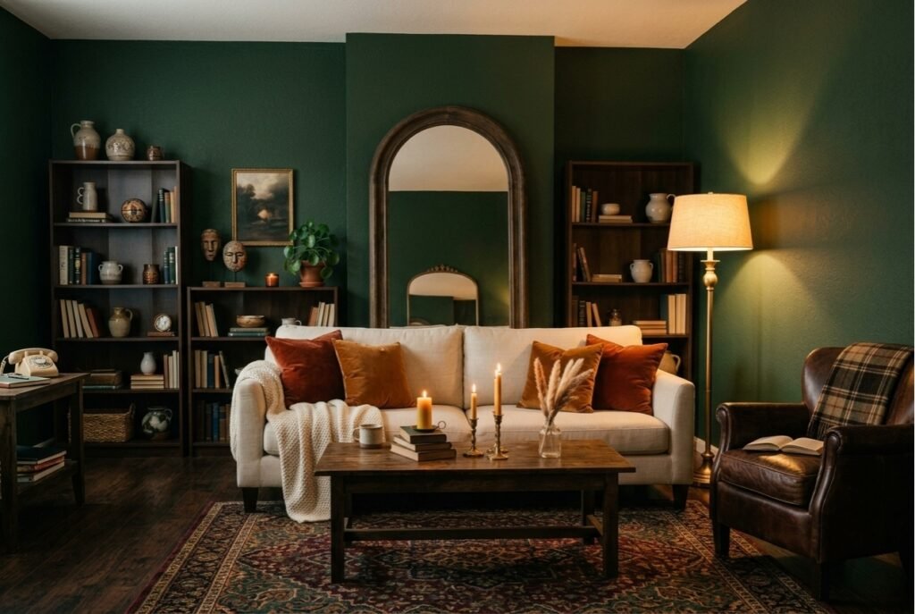 deep forest green living room walls with cream sofa brass lamp and arched mirror cozy decor