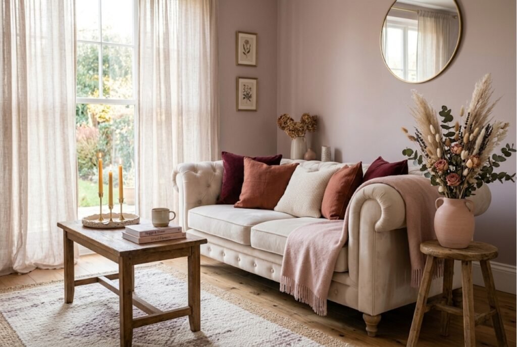 dusty mauve blush pink living room color palette with cream velvet sofa and dried flowers