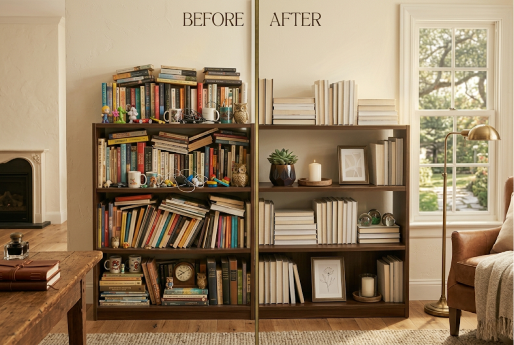 home decor mistake of overcrowded bookshelf compared to beautifully curated minimal shelf styling