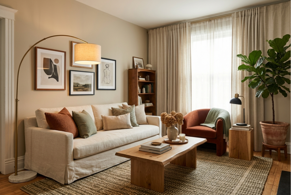 expensive looking living room that avoids common home decor mistakes with correct art placement layered lighting and large area rug