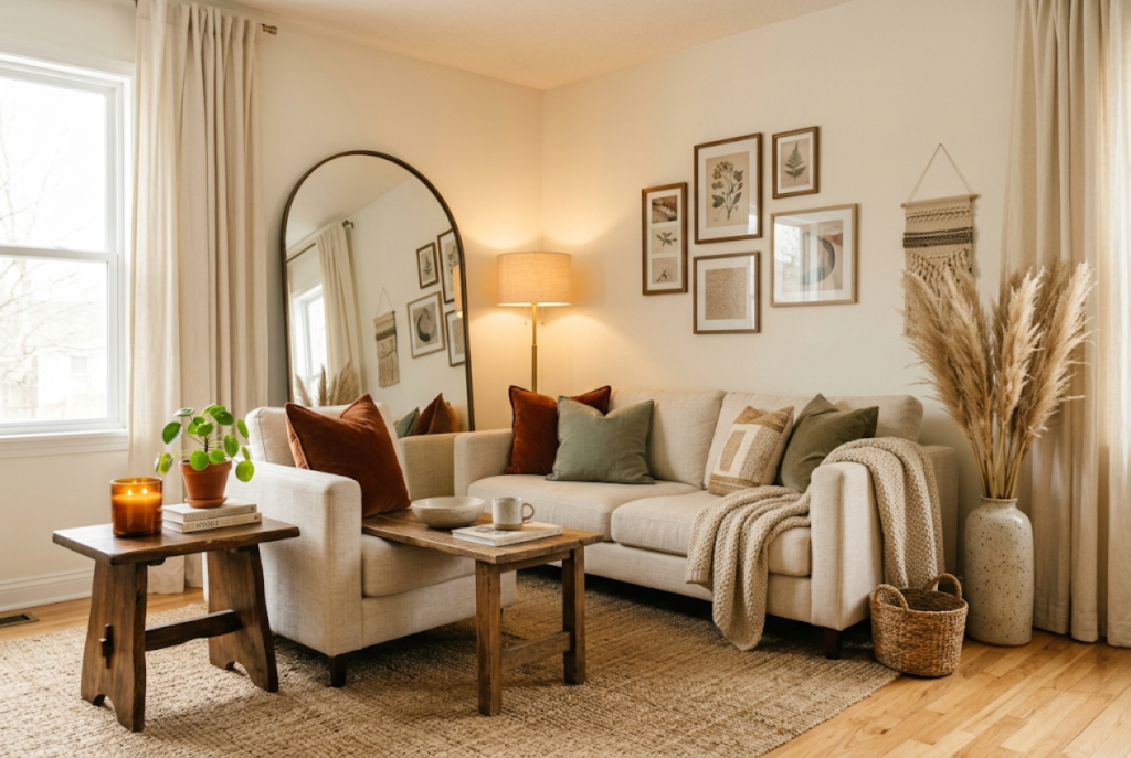 beautiful cozy living room decorated on a budget with thrifted decor layered lighting and affordable styling tricks