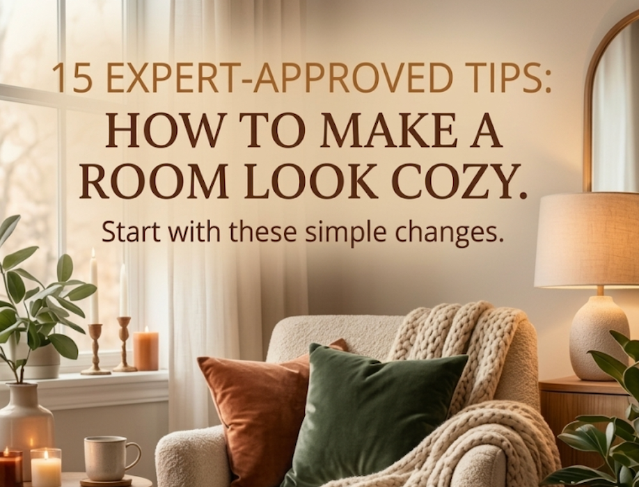 A cozy living room corner featuring a cream armchair draped with a thick beige chunky knit blanket. Two velvet throw pillows in rust orange and forest green sit on the chair. Next to the chair is a small wooden side table with a glowing candle, a small vase, and a mug. Warm, natural light filters through sheer window curtains. The scene includes potted house plants and a warm table lamp on a wooden console. Text on the image reads: "15 EXPERT-APPROVED TIPS: HOW TO MAKE A ROOM LOOK COZY. Start with these simple changes."