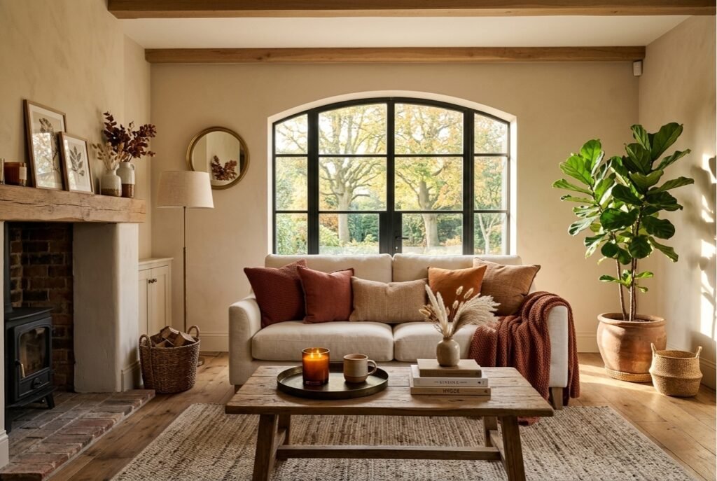 warm putty beige living room color ideas with cream sofa and terracotta pillows