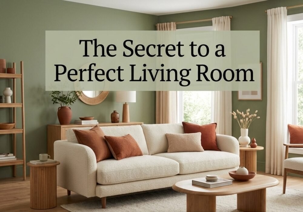 living room color ideas 2025 with sage green walls cream sofa terracotta throw pillows and the 60-30-10 interior design color rule