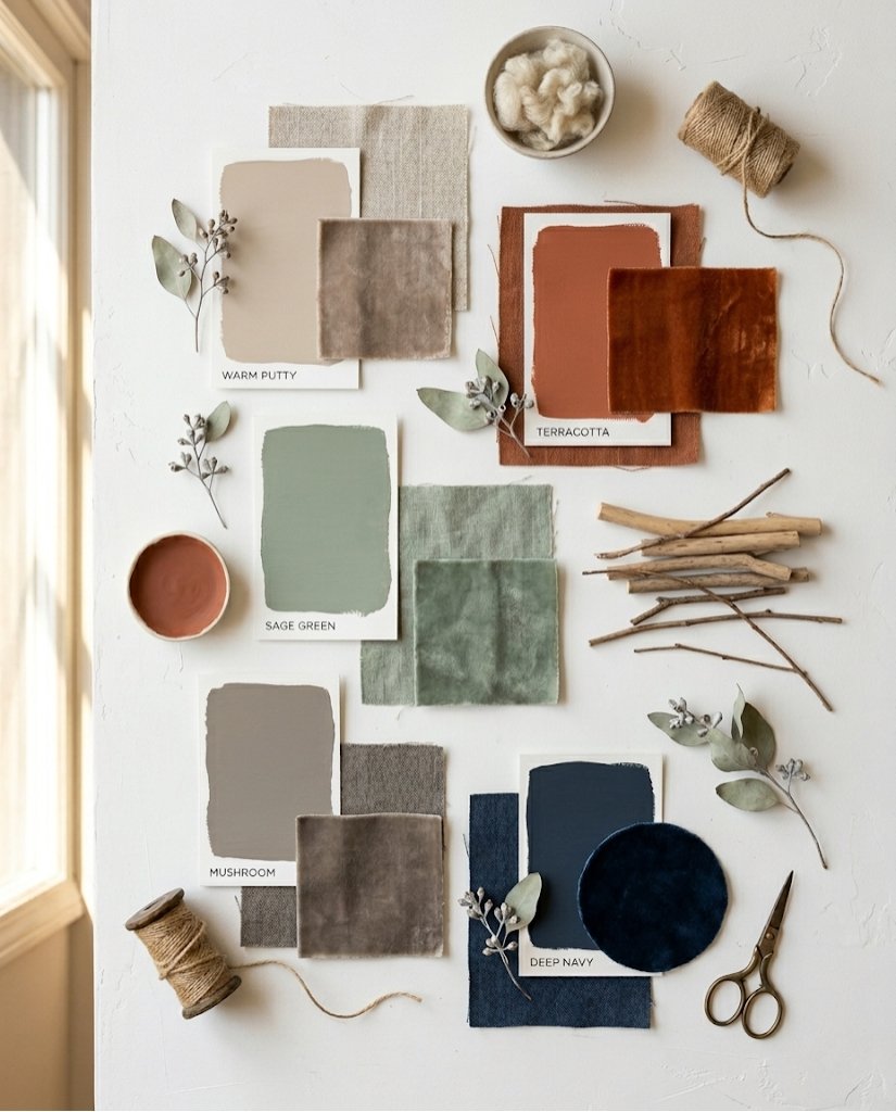 living room color palette ideas 2025 mood board with terracotta sage green and warm putty swatches