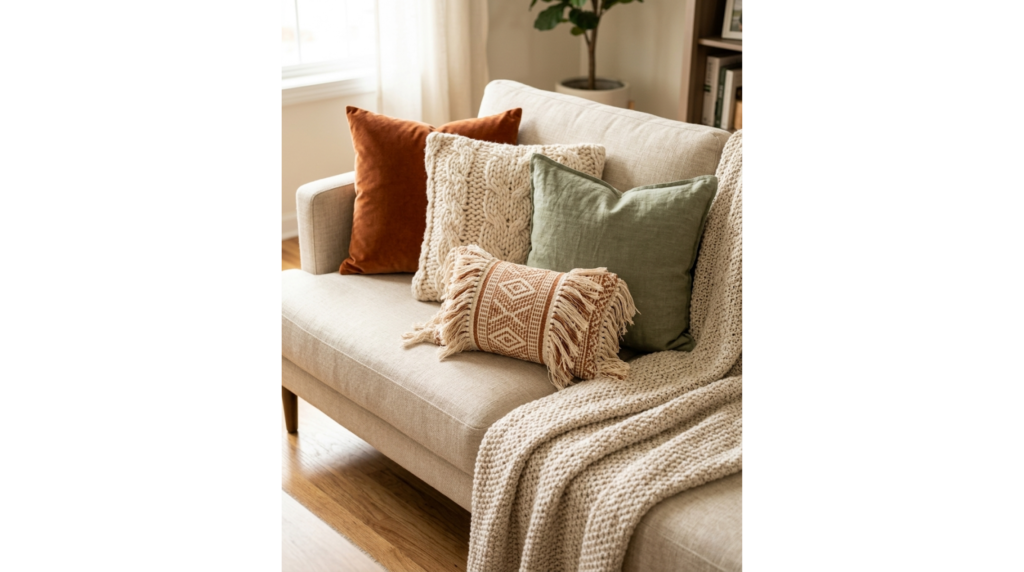 Close-up of a beige sofa styled with a layered throw pillow combination, featuring a rust velvet pillow, a cream cable knit pillow, a sage green linen pillow, and a boho patterned lumbar pillow with fringe, next to a draped knit blanket.