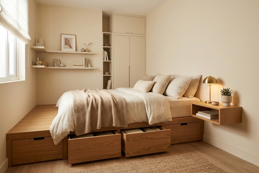 small bedroom storage ideas with platform bed built-in drawers and floating wall mounted nightstand