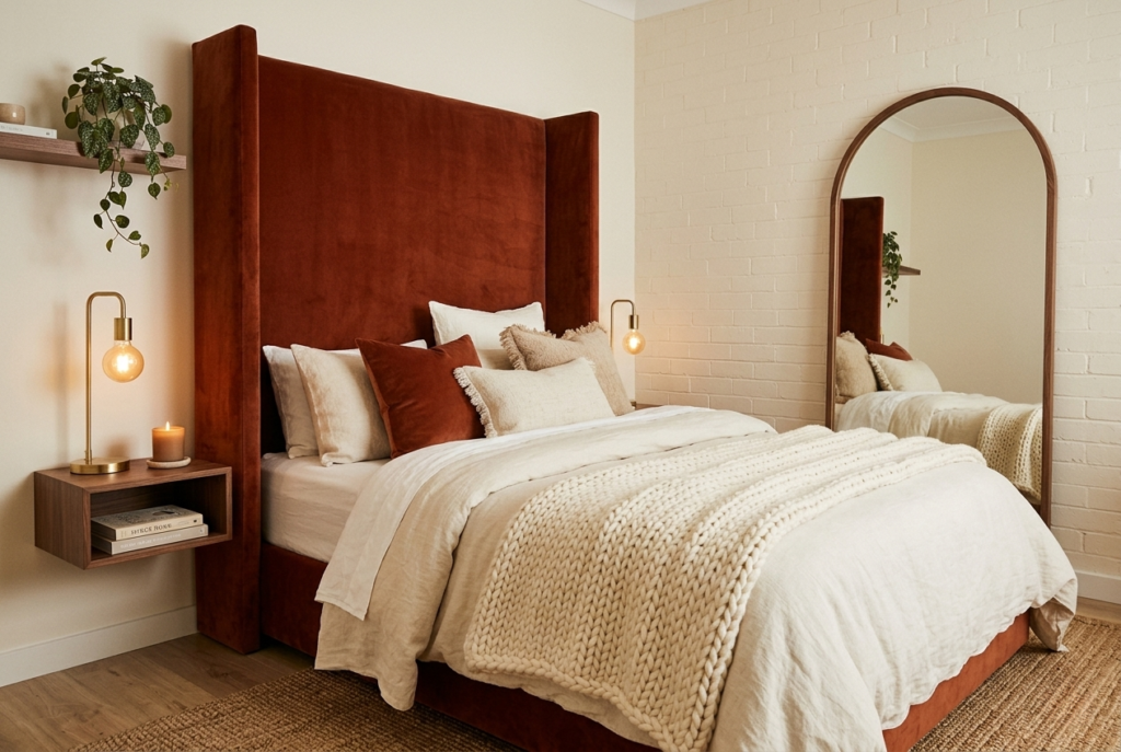 small bedroom with tall terracotta velvet headboard layered cream bedding and cozy warm lighting