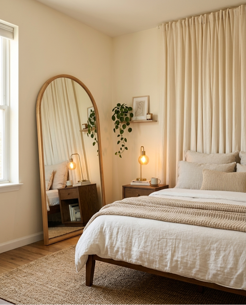 small bedroom decorating tricks with large arch mirror floor to ceiling curtains making room look bigger