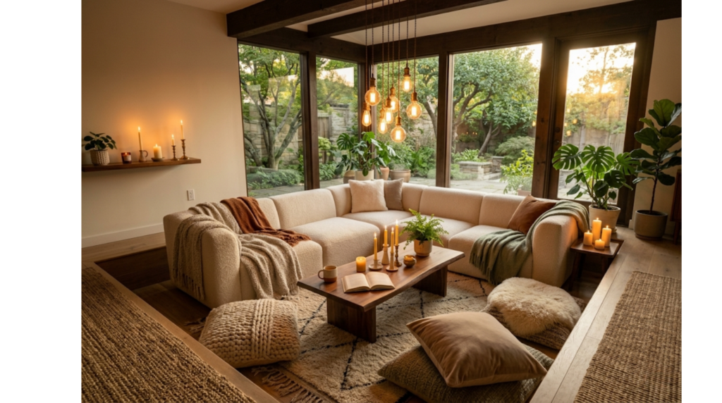 A cozy sunken living room with a cream bouclé modular sectional, a dark wood coffee table with lit candles, and textured floor cushions on a plush rug. Large floor-to-ceiling windows look out to a green garden, with a cluster of hanging Edison bulb pendants and indoor potted plants completing the organic modern look