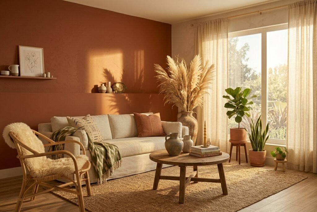 terracotta clay accent wall living room with cream sofa and rattan chair boho decor