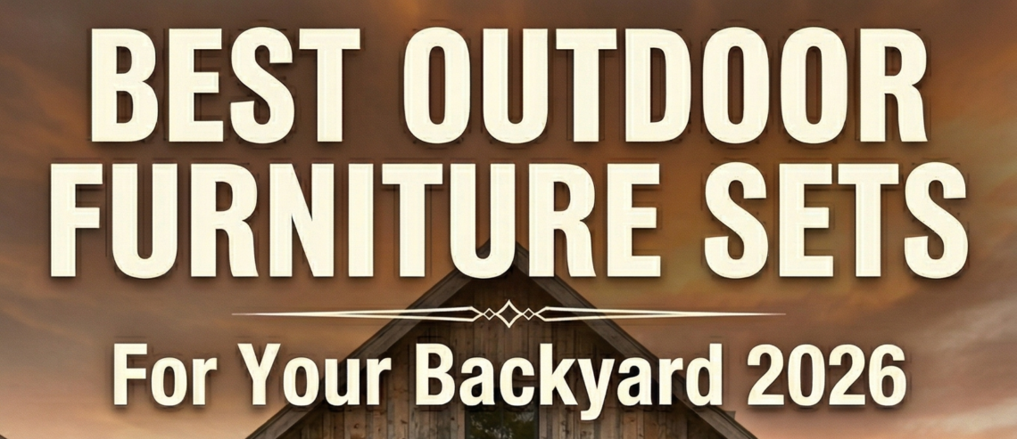 best outdoor furniture sets for backyard 2026 modern farmhouse teak sectional sofa set with fire pit table on stone patio at golden sunset.