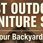 best outdoor furniture sets for backyard 2026 modern farmhouse teak sectional sofa set with fire pit table on stone patio at golden sunset.