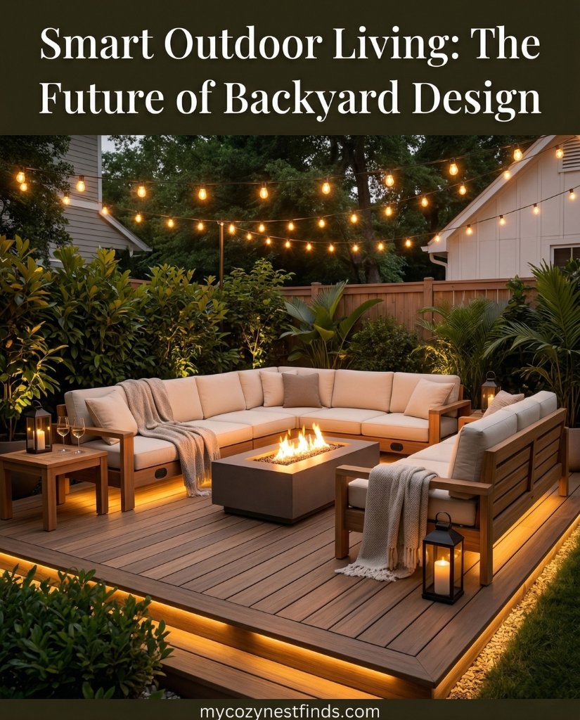 smart outdoor living space 2026 with integrated speakers LED lights modern farmhouse sofa set fire pit cozy evening backyard