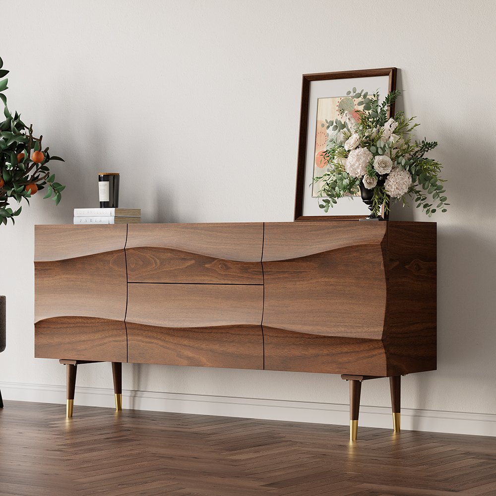 Walnut Wood Sideboard with Cabinets & Adjustable Shelves